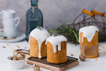 Traditional Easter bread or cake, decorated with white icing. Easter concept. Copy space.
