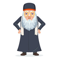 Old wise man traditional sage priest mage rabbi costume cartoon character design vector illustration