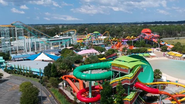 A high view showing empty rides at a popular theme park closed due to the outbreak of the deadly Coronavirus
