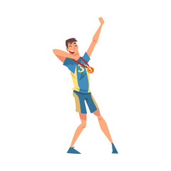Happy Sportsman with Medal, Male Athlete in Uniform Celebrating His Victory Vector Illustration