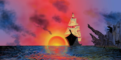 sun set time in sea shore with mountain cliff for story purpose © rafikart