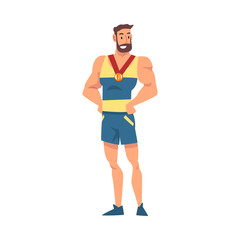 Muscular Sportsman Posing with Medal, Happy Male Athlete in Uniform Celebrating His Victory Vector Illustration