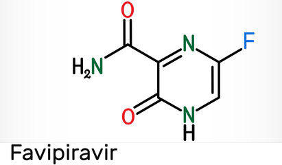 Favipiravir, C5H4FN3O2 molecule. It is antiviral medication, has activity against RNA viruses, avian influenza, Ebola virus, Lassa virus, COVID-19. Skeletal chemical formula