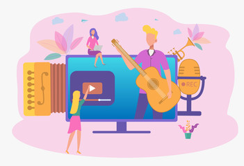 A man conducts a music lesson online. Playing guitar. Online music. Blogs for lovers of quality music. Colorful vector illustration.