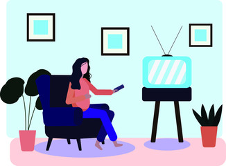 a girl is watching TV at home on a chair.An illustration showing home leisure. At home in front of the TV. watch TV. watching TV. Vector illustration