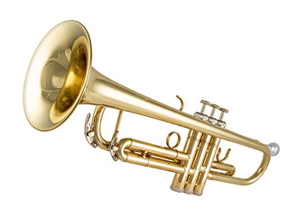 Golden shiny new metallic brass trumpet music instrument isolated white background. musical...