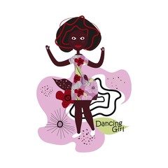 Vector colored portrait of a African girl with magnificent curly hairstyle in a dress with bright floral print. Dancing against a bright abstract  background. Hand drawing summer illustration