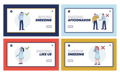Concept Of Coronavirus Epidemic. Website Landing Page. Infographic With Rules How To Sneeze Correctly. People Sneeze In Public Place. Web Page Cartoon Linear Outline Flat Vector Illustrations Set