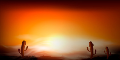 Sunset in the Mexican desert. Silhouettes of stones, cacti and plants. Desert landscape with cacti.