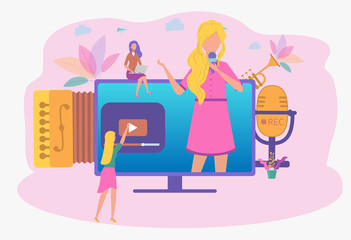 A woman conducts a music lesson online. Playing guitar. Online music. Blogs for lovers of quality music. Colorful vector illustration.