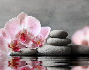Set of pink orchid and gray spa stones on water and reflection.