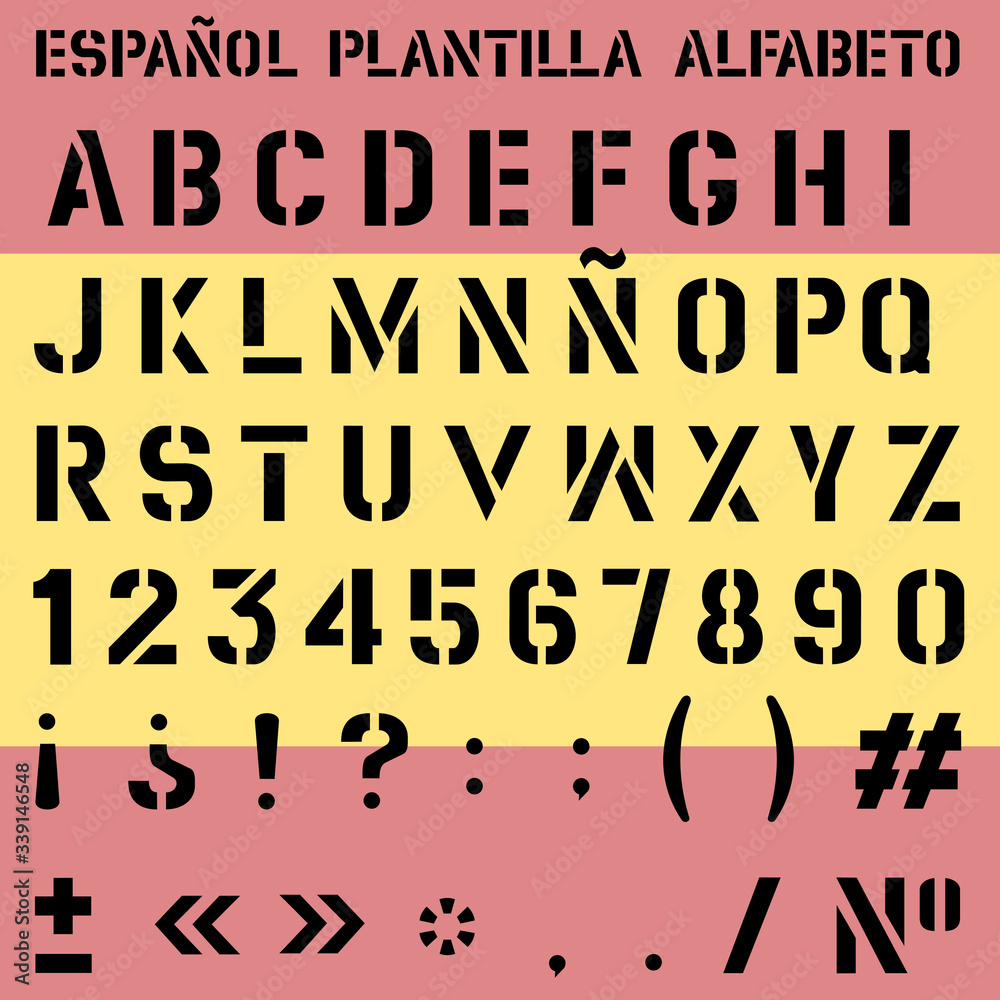 Fototapete vector spanish stencil alphabet font numbers and punctuation marks layers good separated
