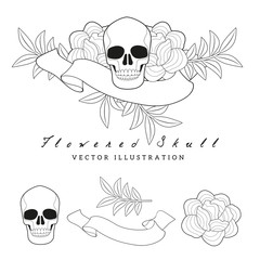 Fototapeta premium Flowers inspired by the embroidery of the oriental shawls, skull and blank banner for text