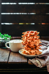 Belgian or american waffles (delicious sweet dish, dessert snack) menu concept. background. top view. copy space for text