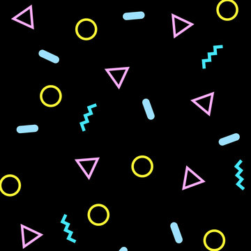 Memphis pattern with colorful figures on minimalist black background.  Creative trend.