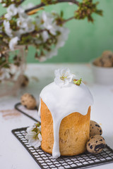 Traditional Easter bread or cake, decorated with white icing. Easter concept. Copy space.