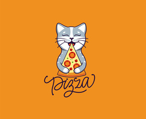 1 The funny cat eats pizza, logo. Kitty cartoon character, food logotype, badge, sticker, emblem on orange background with text. Vector illustration, flat, line art style, creative design