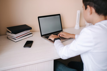 Schoolboy at home using laptop when studying. Teenage boy make homework on quarantine. Mockup