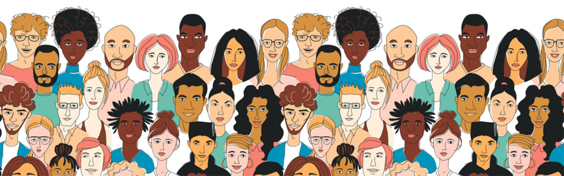 Decorative diverse women's men's head seamless border background. Multiethnic gruop