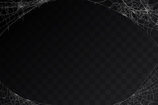 Vector realistic set of siderweb or cobweb, isolated on black, transparent background. Spiderweb in the corner for Halloween design. Spider web elements,spooky, scary, horror halloween decor.