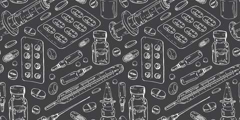 Pattern of medicines, drops and tablets. Medical supplies: a syringe and a thermometer. Freehand drawing in vector format.