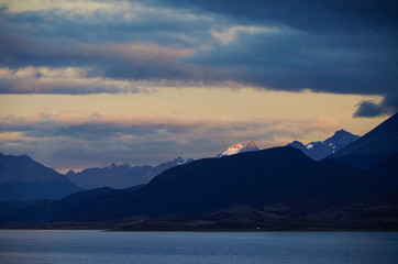Sunrise or twilight over Beagle Channel in Patagonia between Argentina and Chile from cruiseship or...