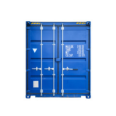 Gate side of a blue standard cargo container isolated