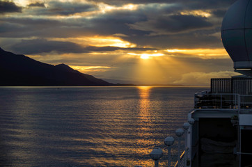 Sunrise or twilight over Beagle Channel in Patagonia between Argentina and Chile from cruiseship or...