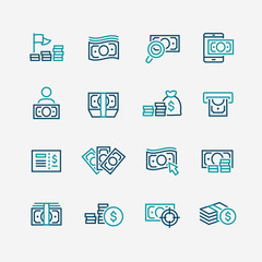 Banknotes and coins line icon set