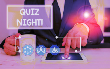 Writing note showing Quiz Night. Business concept for evening test knowledge competition between...