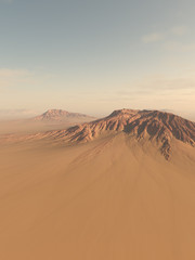 Fototapeta na wymiar Illustration of a desert landscape with mountains and sand for backgrounds, 3d digitally rendered illustration