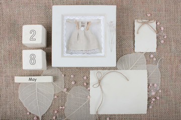 Calendar. May 28th. Wood cube calendar with date of month and day. Newborn postcard concept for...