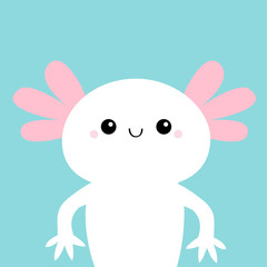 Axolotl. Mexican salamander. White axolotyl. Ambysoma mexicanum. Water dragon. Cute cartoon kawaii funny smiling baby character. Pink horns. Flat design. Blue background. Isolated.