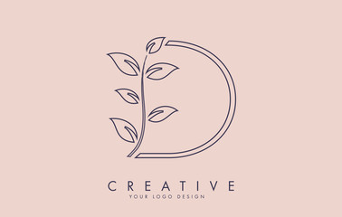 Outline Leaf Letter D Logo Design with Leaves on a Branch and Pink Background. Letter D with nature concept.