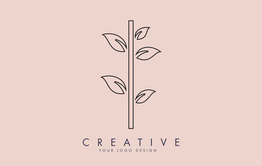 Outline Leaf Letter I Logo Design with Leaves on a Branch and Pink Background. Letter I with nature concept.