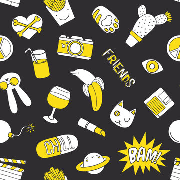 Patch Doodles on Dark Background. Seamless Pattern