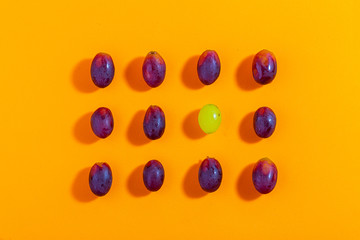 Set of fresh grapes isolated on orange background, top view, concept photo.