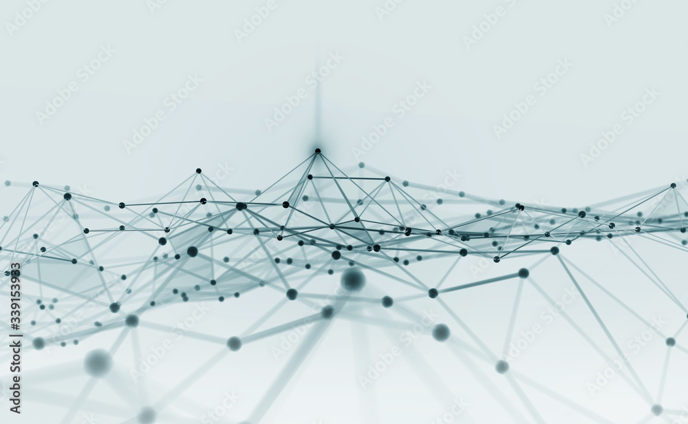 Aufkleber Big data, cryptography programming 3D illustration. Neural network, cloud technologies. Global database, artificial intelligence. Bright, black and white background with bokeh effect