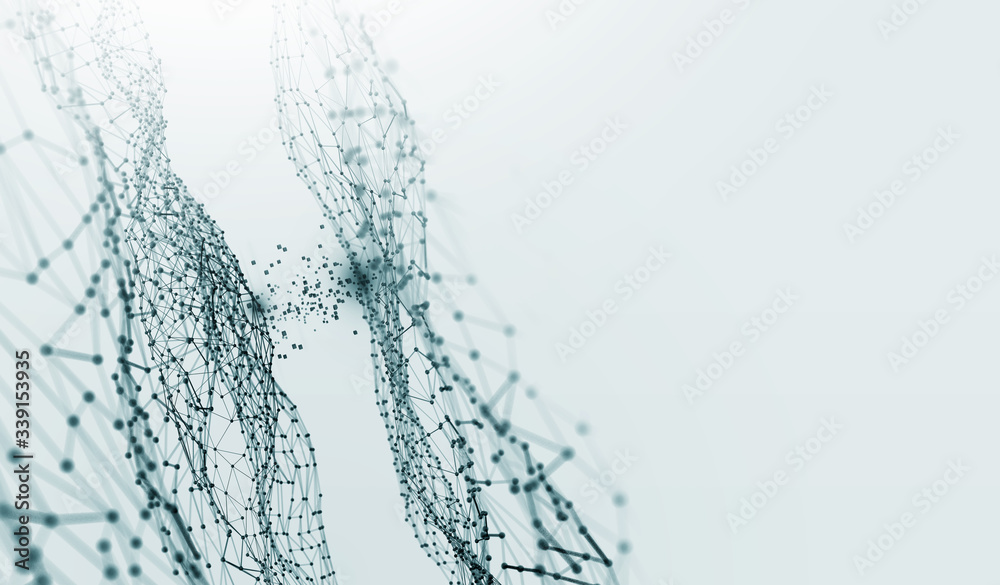 Aufkleber Big data, cryptography programming 3D illustration. Neural network, cloud technologies. Global database, artificial intelligence. Bright, black and white background with bokeh effect