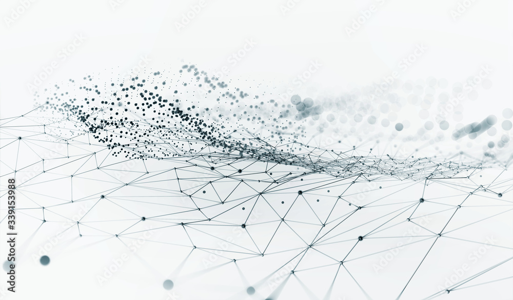 Leinwandbilder Big data, cryptography programming 3D illustration. Neural network, cloud technologies. Global database, artificial intelligence. Bright, black and white background with bokeh effect
