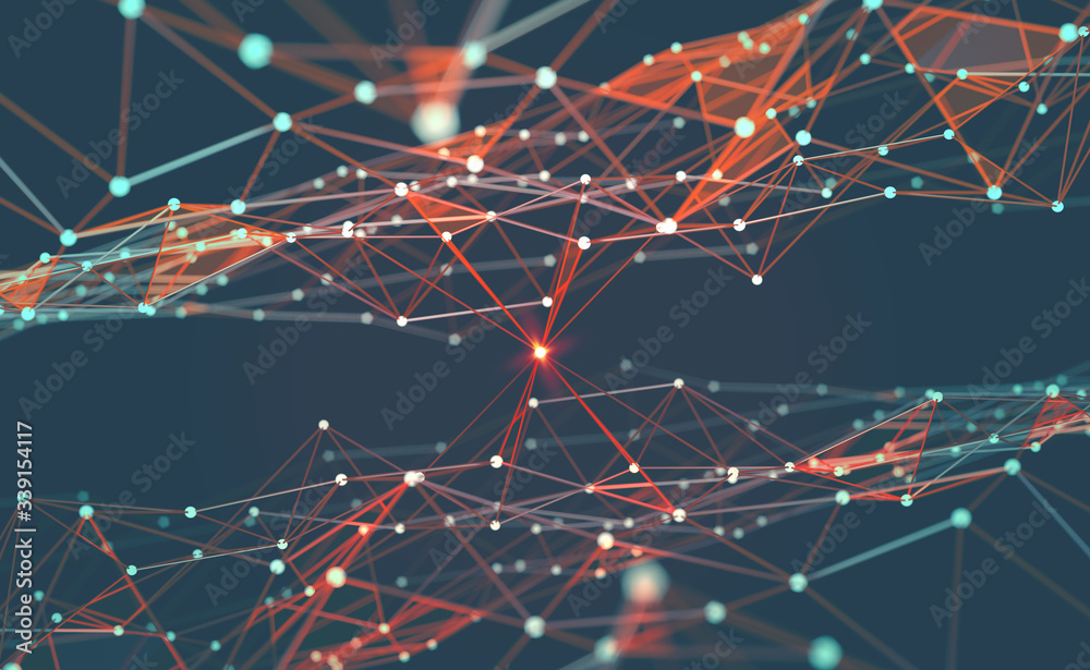 Leinwandbilder Neural network 3D illustration. Big data and cybersecurity. Global database and artificial intelligence. Bright, colorful background with bokeh effect