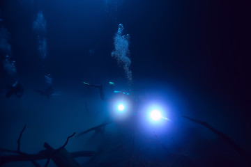 cenote angelita, mexico, cave diving, extreme adventure underwater, landscape under water fog