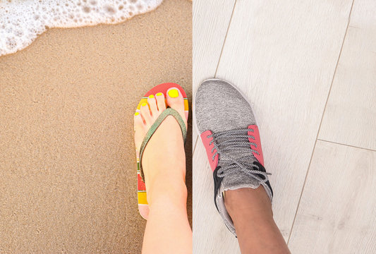 Woman in different shoes, closeup. Concept of balance between work and life