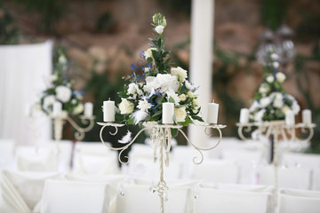Table set for wedding or another catered event dinner.