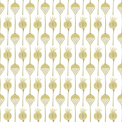 Vector Flower Buds and Seed Pods in Yellow Gold on White Background Seamless Repeat Pattern. Background for textiles, cards, manufacturing, wallpapers, print, gift wrap and scrapbooking.