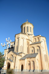 Fototapeta na wymiar Tbilisi, Georgia - October 5, 2018: View of Sameba Cathedral in Tbilisi