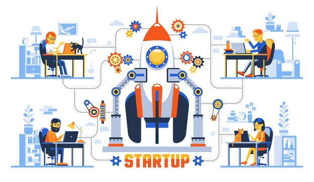 Working remotely creative concept with startup rocket and developers team with laptop. Vector illustration.