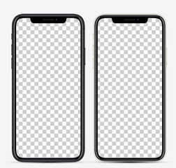 Realistic vector illustration. Smartphones black and white colors with blank screens for your design. Mockup blank screen smartphone, isolated on transparent background