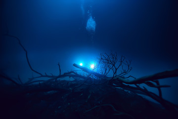 landscape diving in cenote, underwater fog hydrogen sulfide, extreme adventure in mexico