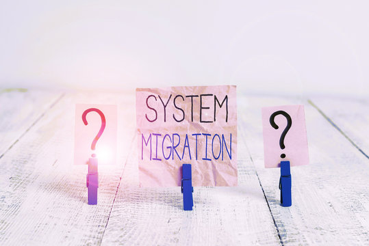 Handwriting text System Migration. Conceptual photo moving from the use of one operating environment to another Scribbled and crumbling sheet with paper clips placed on the wooden table